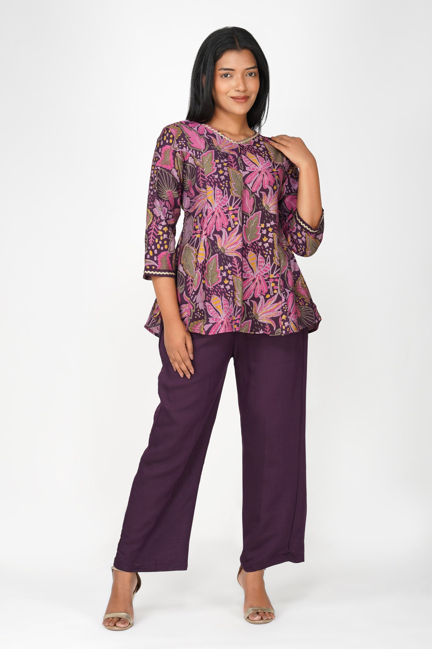 Kali Co-ord Set – Eggplant Print Tunic with Zari Lace & Flared Silk Pants