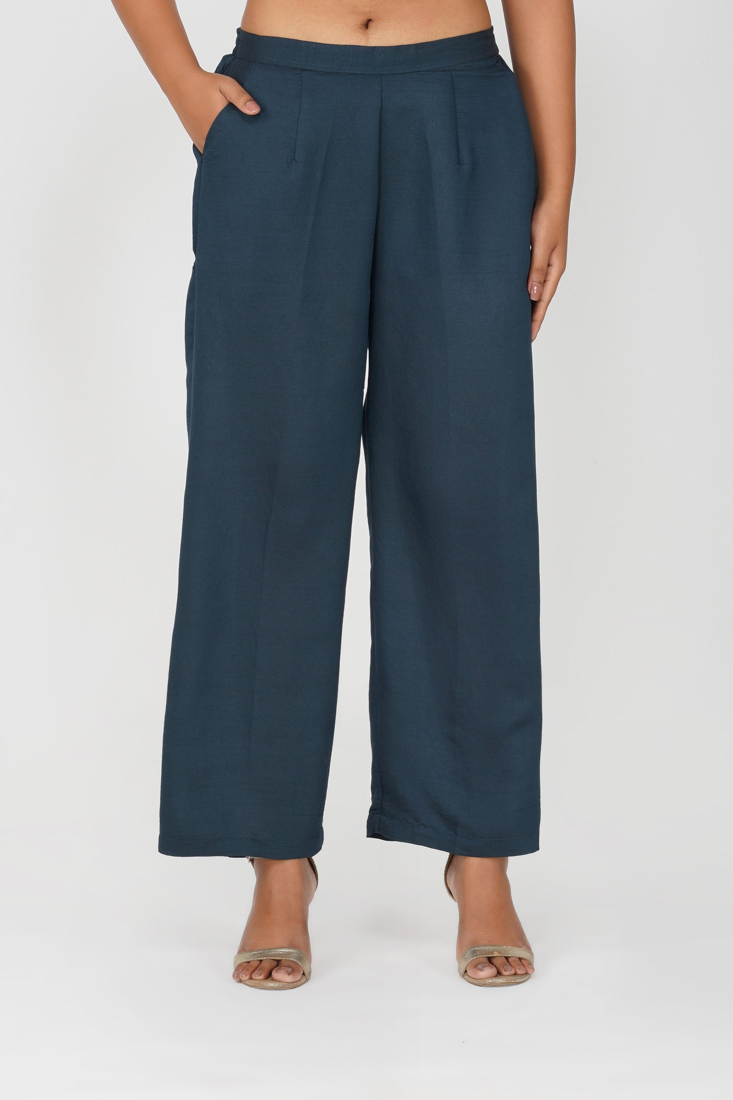 Kali Co-ord Set – Midnight Blue Tunic with Zari Lace & Flared Silk Pants