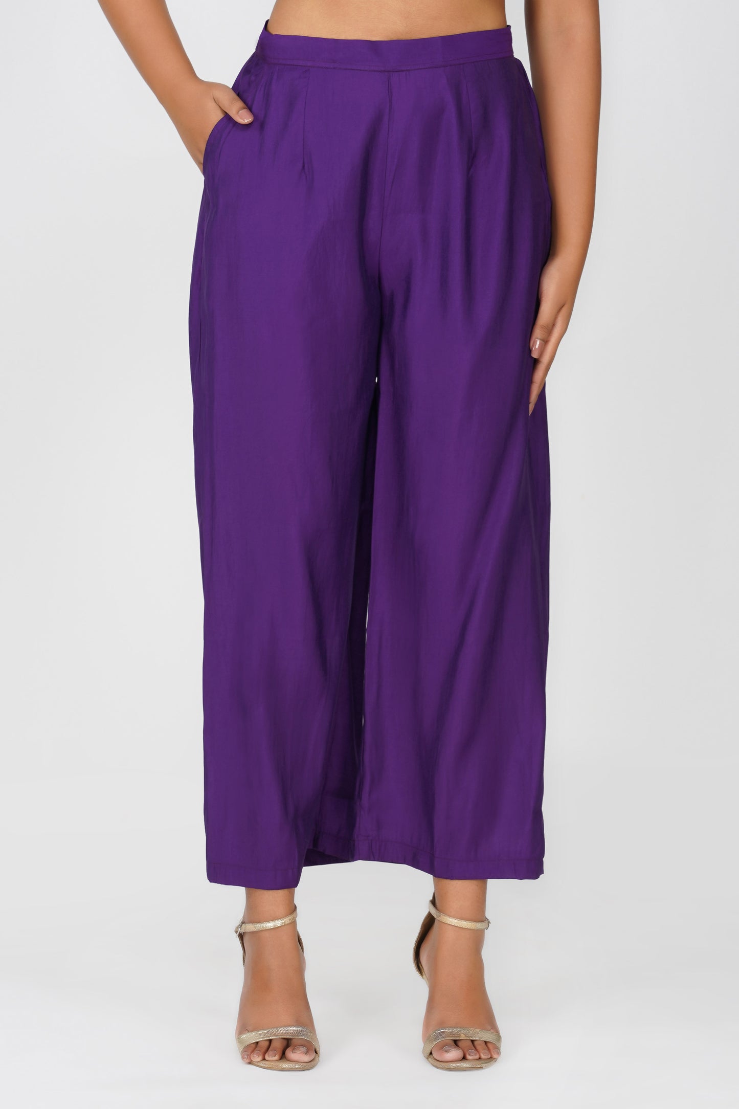 Kali Co-ord Set – Purple Print Tunic with Zari Lace & Flared Silk Pants