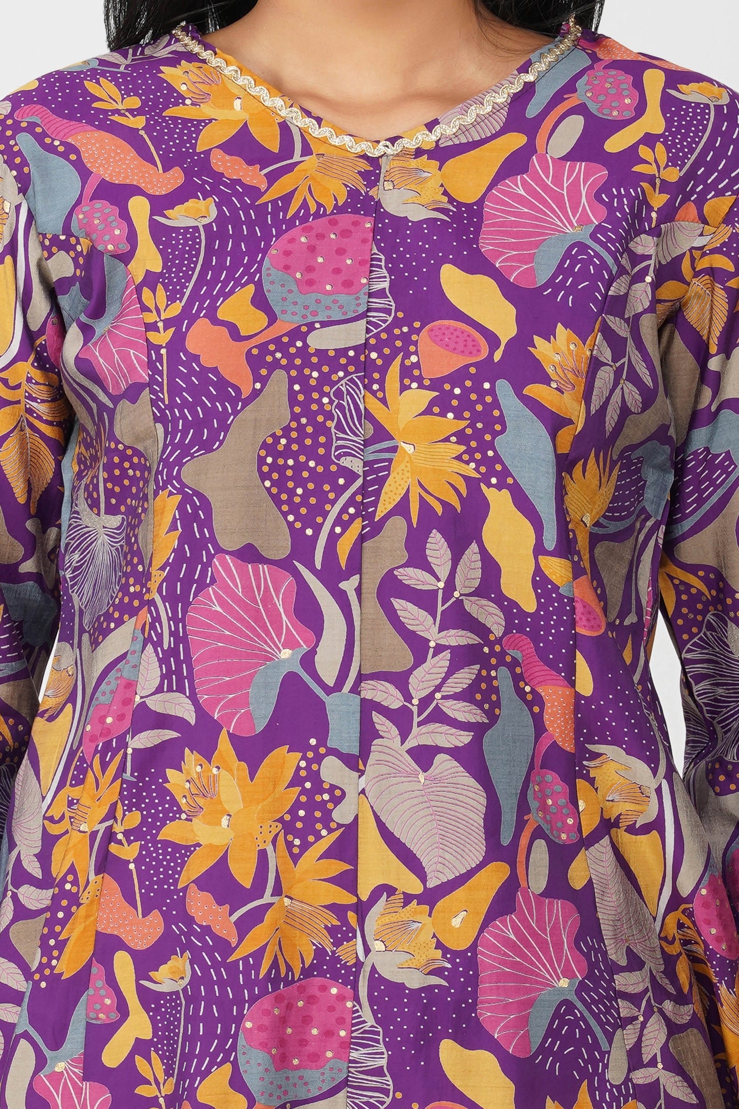 Kali Co-ord Set – Purple Print Tunic with Zari Lace & Flared Silk Pants