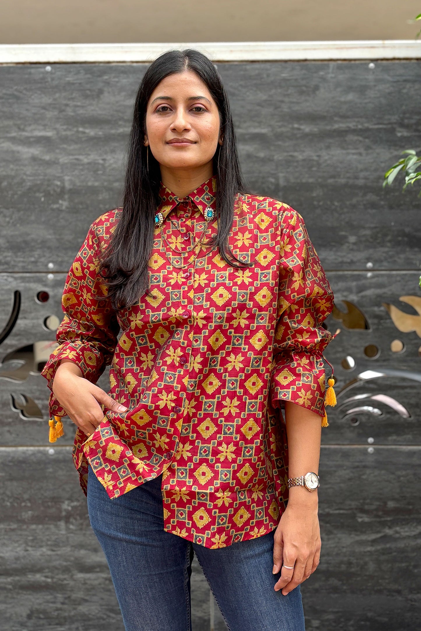 Baawri Maroon Chanderi Printed Shirt with Handmade Tassel Detail | Bindigasm