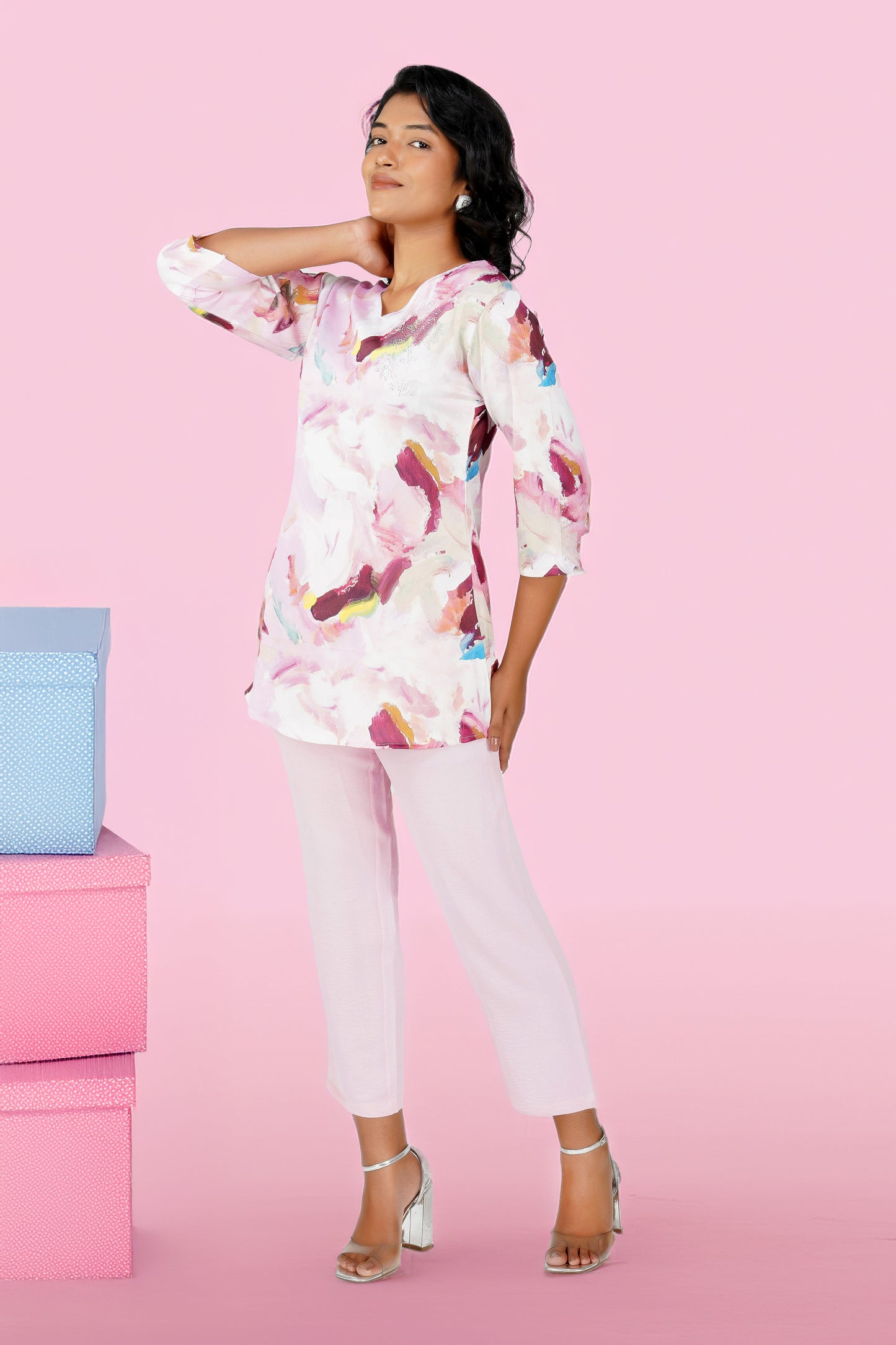 Pink Swarovski Printed Tunic Set – Casual Co-ord with Straight Pants