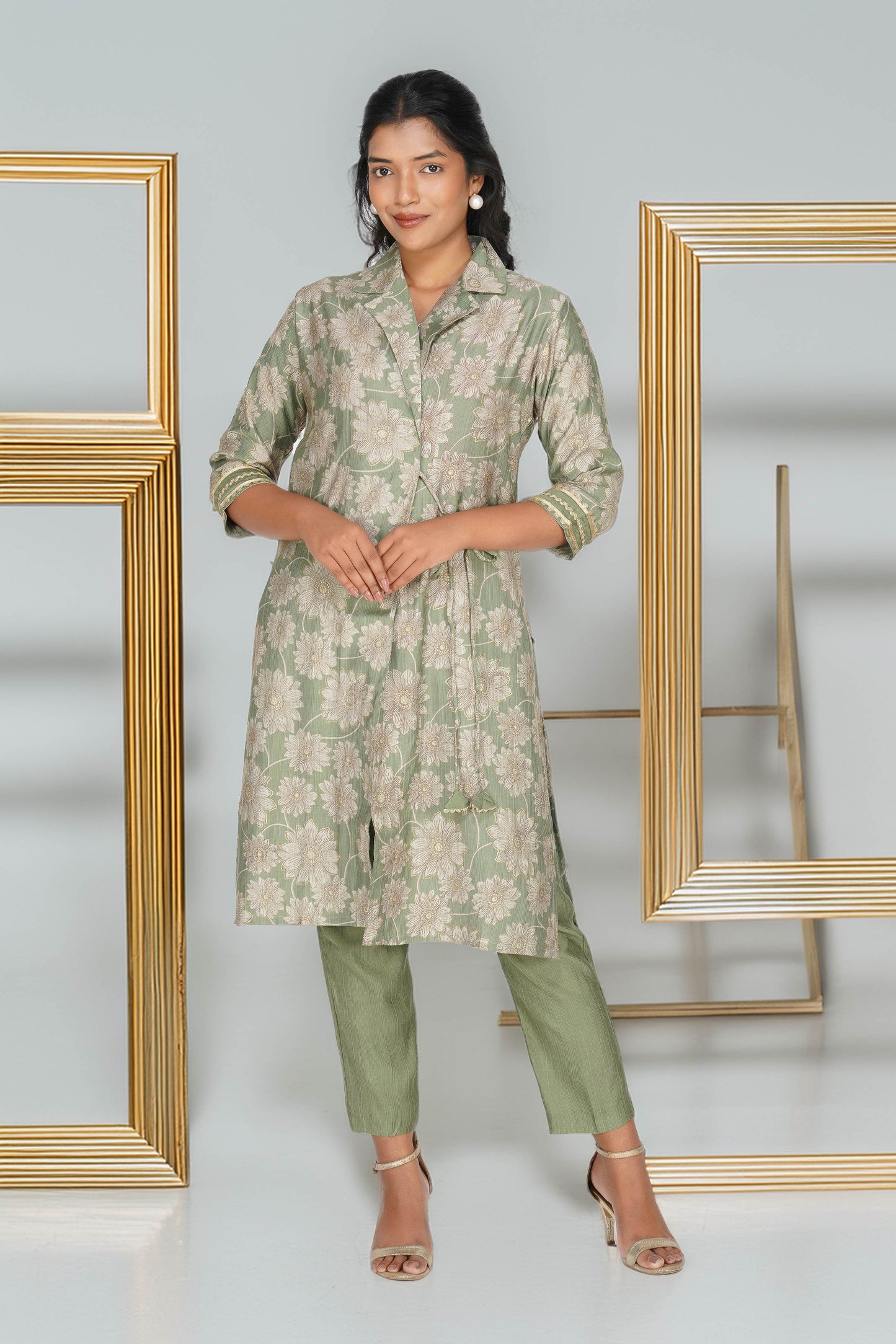 Laila Gold Embellished Long Jacket with Pants
