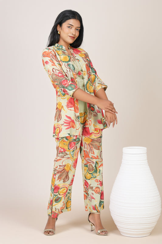 Maahi 3BFP-036 – Pistachio Cream Floral Festive 3-Piece Co-ord Set
