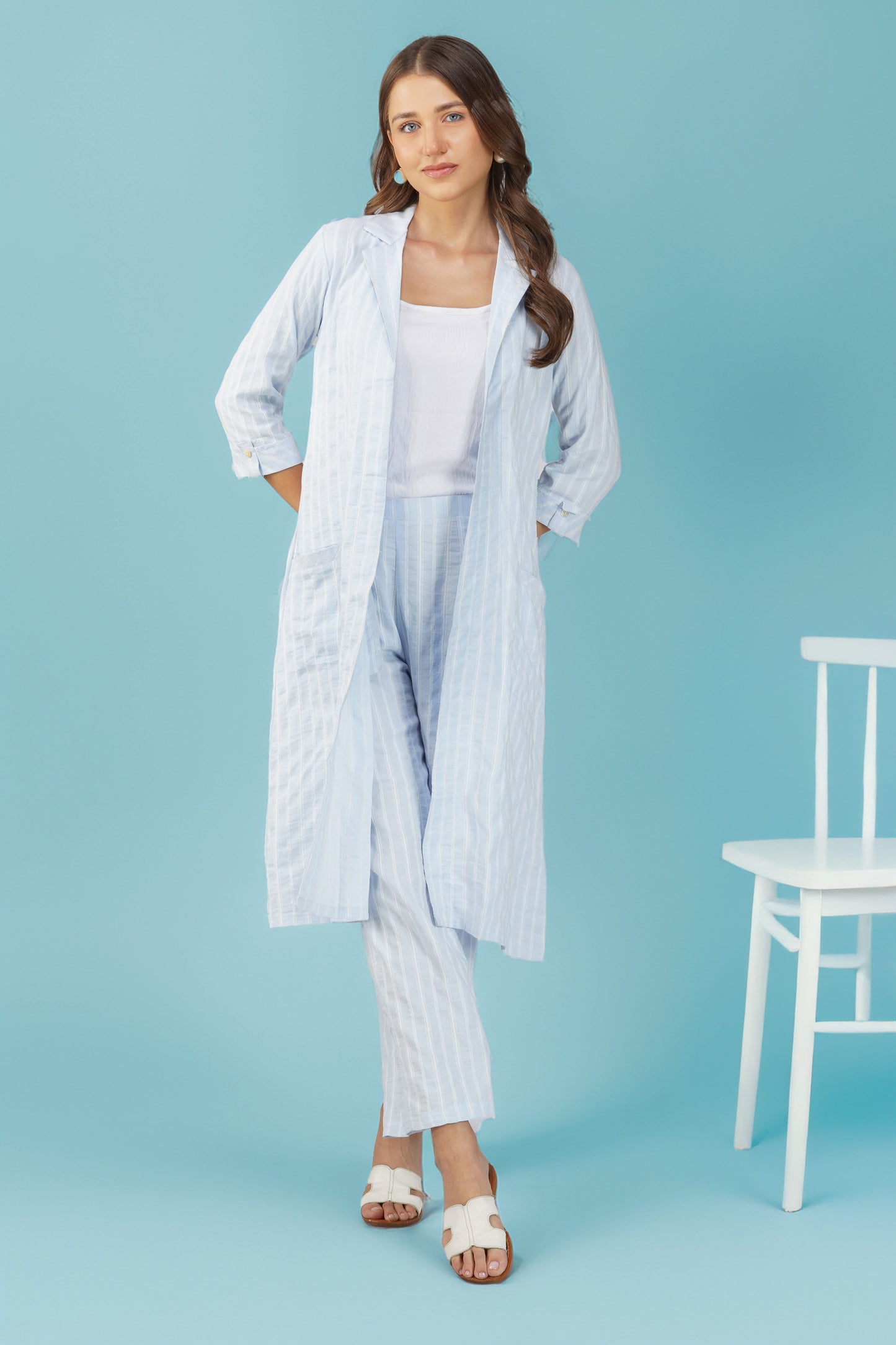 Raahi Light Blue Jacket Co-ord Set – 3-Piece with Spaghetti Top & Striped Flared Pants