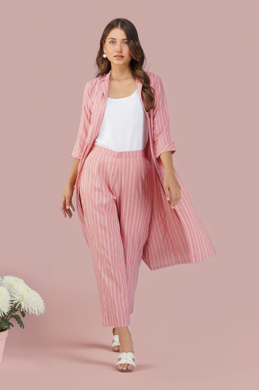 Raahi Blush Peach Jacket Co-ord Set – 3-Piece with Spaghetti Top & Striped Flared Pants