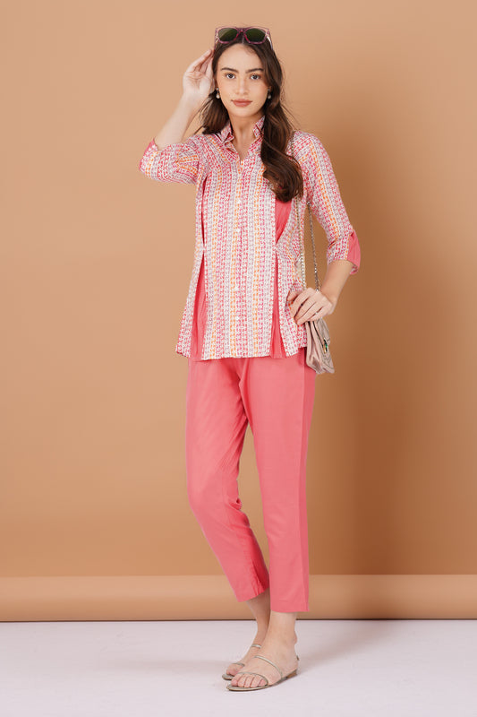 Pink Floral Shirt Co-ord Set – Contrast Panel Top with Solid Pants