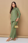 Suhani Mehendi Green Shimmer Shirt & Pants Coord Set with Handwork Yoke | Bindigasm