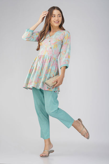 Sargam Sky Blue Cotton Co-ord Set – Peplum Top with Wooden Buttons & Textured Pants