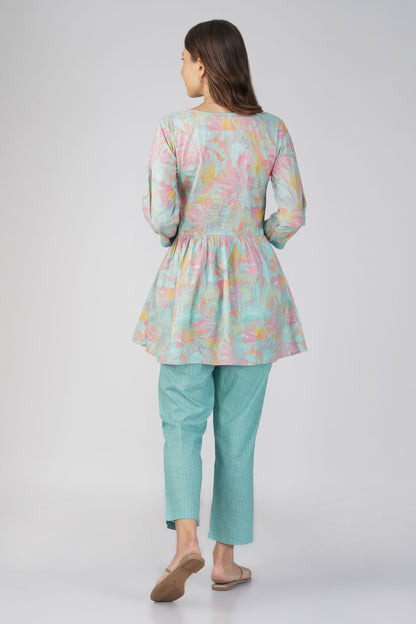 Sargam Sky Blue Cotton Co-ord Set – Peplum Top with Wooden Buttons & Textured Pants