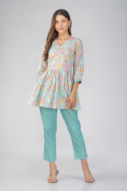 Sargam Sky Blue Cotton Co-ord Set – Peplum Top with Wooden Buttons & Textured Pants