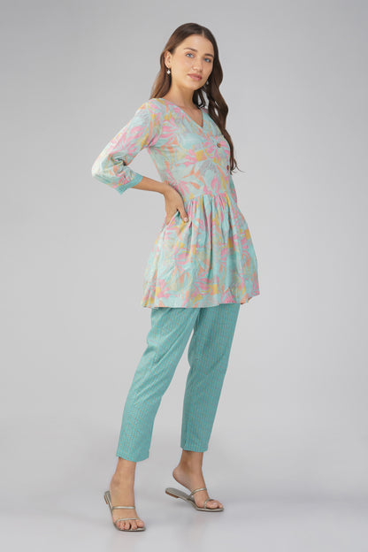 Sargam Sky Blue Cotton Co-ord Set – Peplum Top with Wooden Buttons & Textured Pants