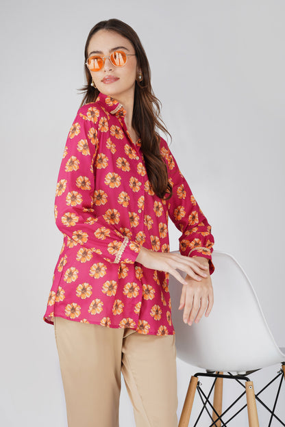 Phool Bright Flowers Shirt with Lace Detail - Pink