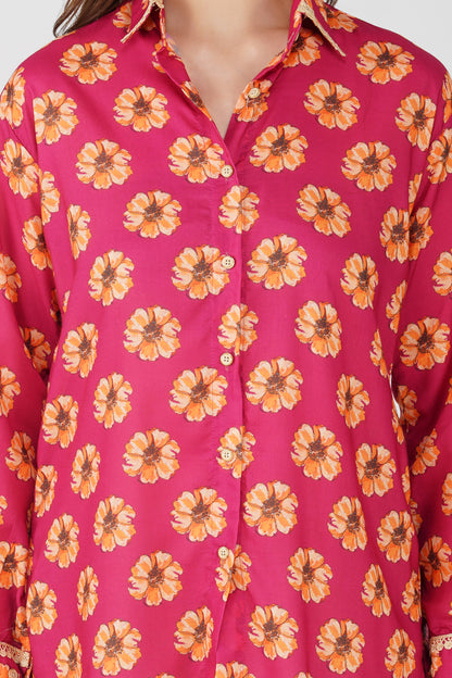 Phool Bright Flowers Shirt with Lace Detail - Pink