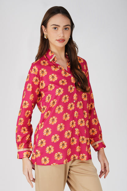 Phool Bright Flowers Shirt with Lace Detail - Pink