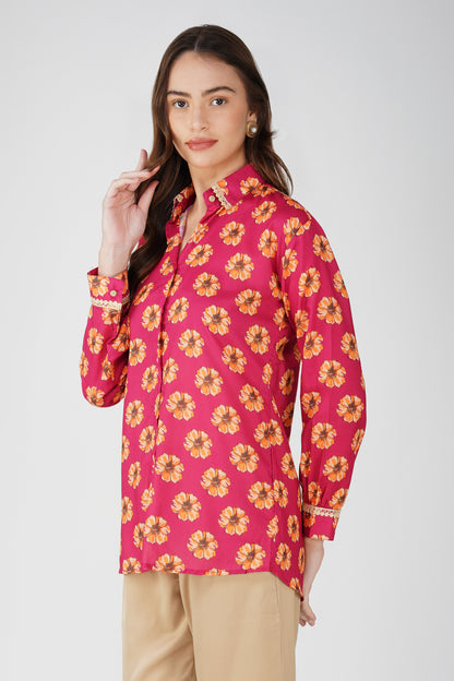 Phool Bright Flowers Shirt with Lace Detail - Pink