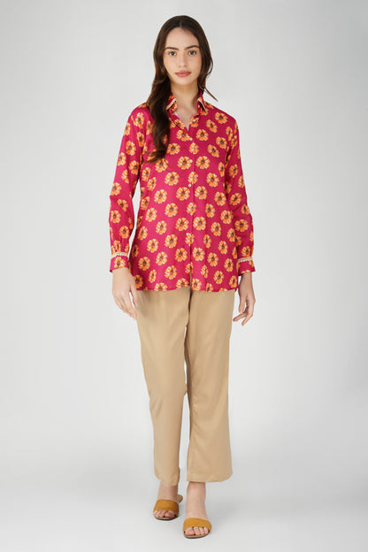 Phool Bright Flowers Shirt with Lace Detail - Pink
