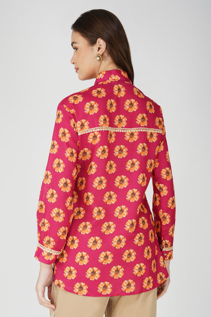 Phool Bright Flowers Shirt with Lace Detail - Pink