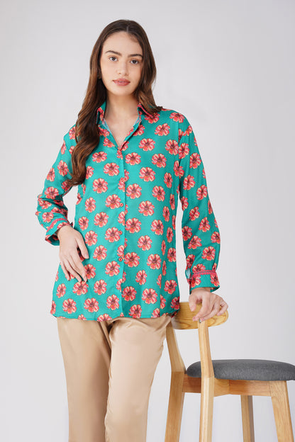 Phool Bright Flowers Shirt with Lace Detail - Green
