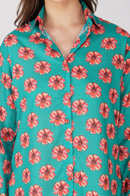 Phool Bright Flowers Shirt with Lace Detail - Green
