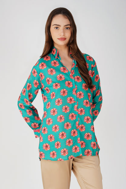 Phool Bright Flowers Shirt with Lace Detail - Green