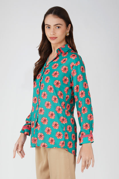Phool Bright Flowers Shirt with Lace Detail - Green