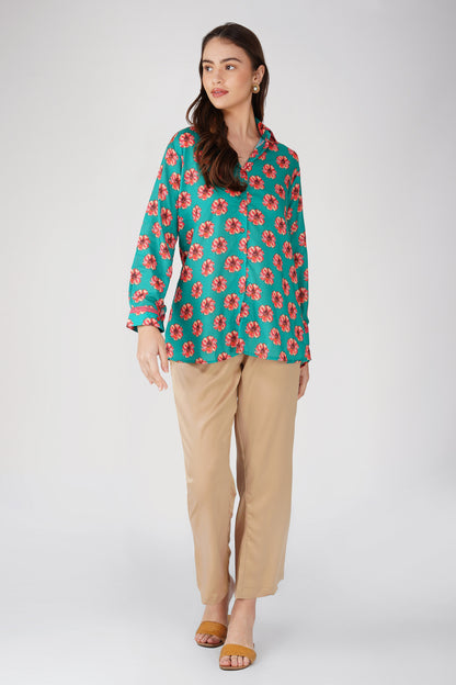 Phool Bright Flowers Shirt with Lace Detail - Green