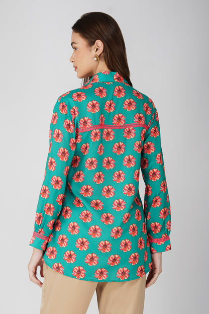 Phool Bright Flowers Shirt with Lace Detail - Green