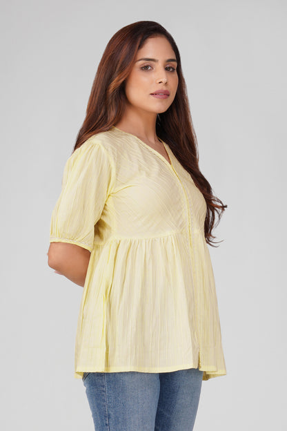 Pastel Yellow Polo Cotton Peplum Top | Bindigasm