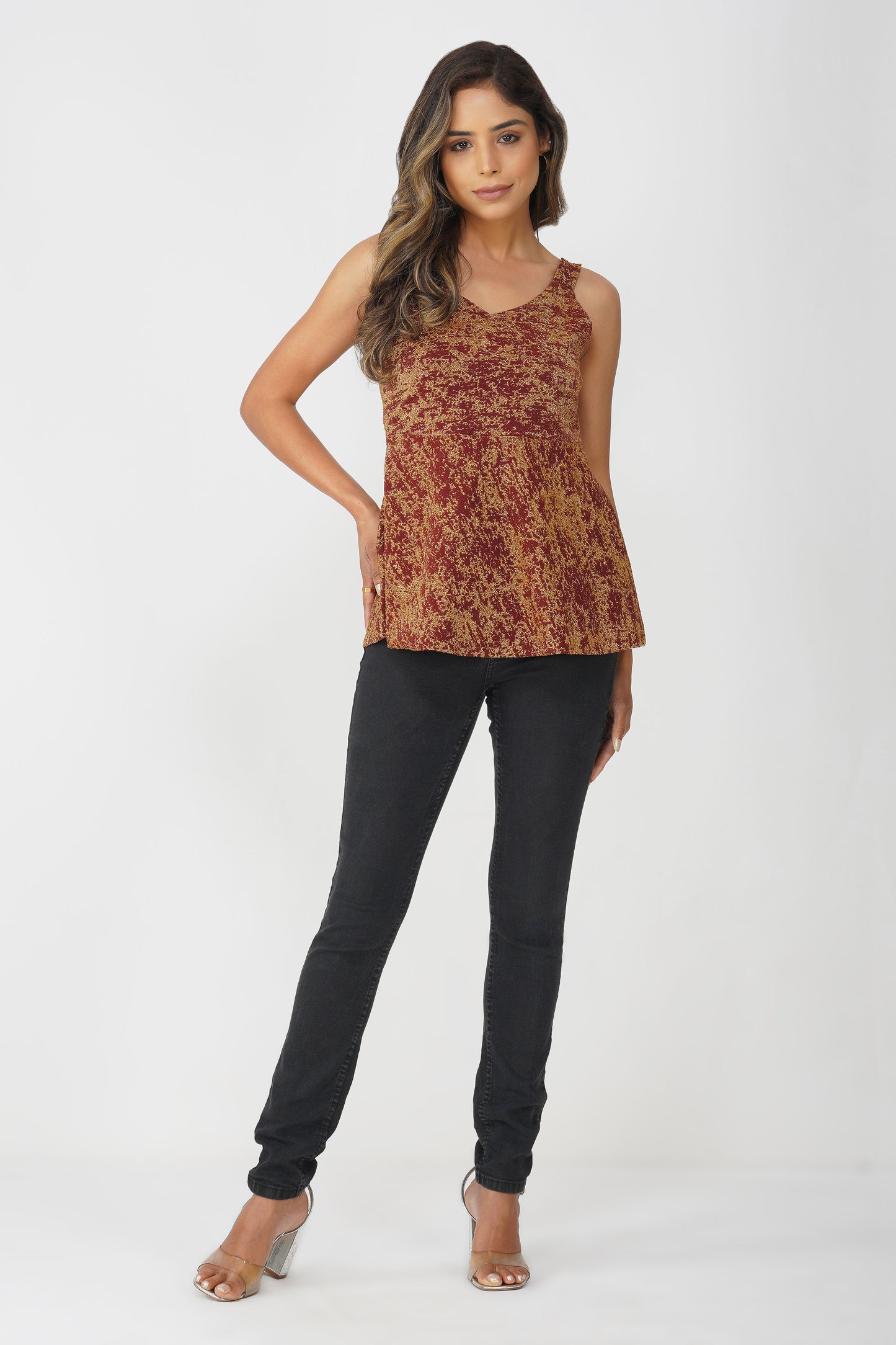 Fiesta Gold Shimmer Peplum Top – Wine Lurex Sleeveless