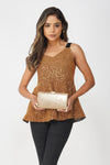 Golden Hour Sequin Pleated Peplum Top – Gold with Black Velvet Straps