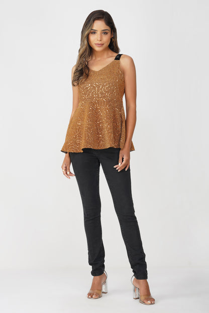 Golden Hour Sequin Pleated Peplum Top – Gold with Black Velvet Straps