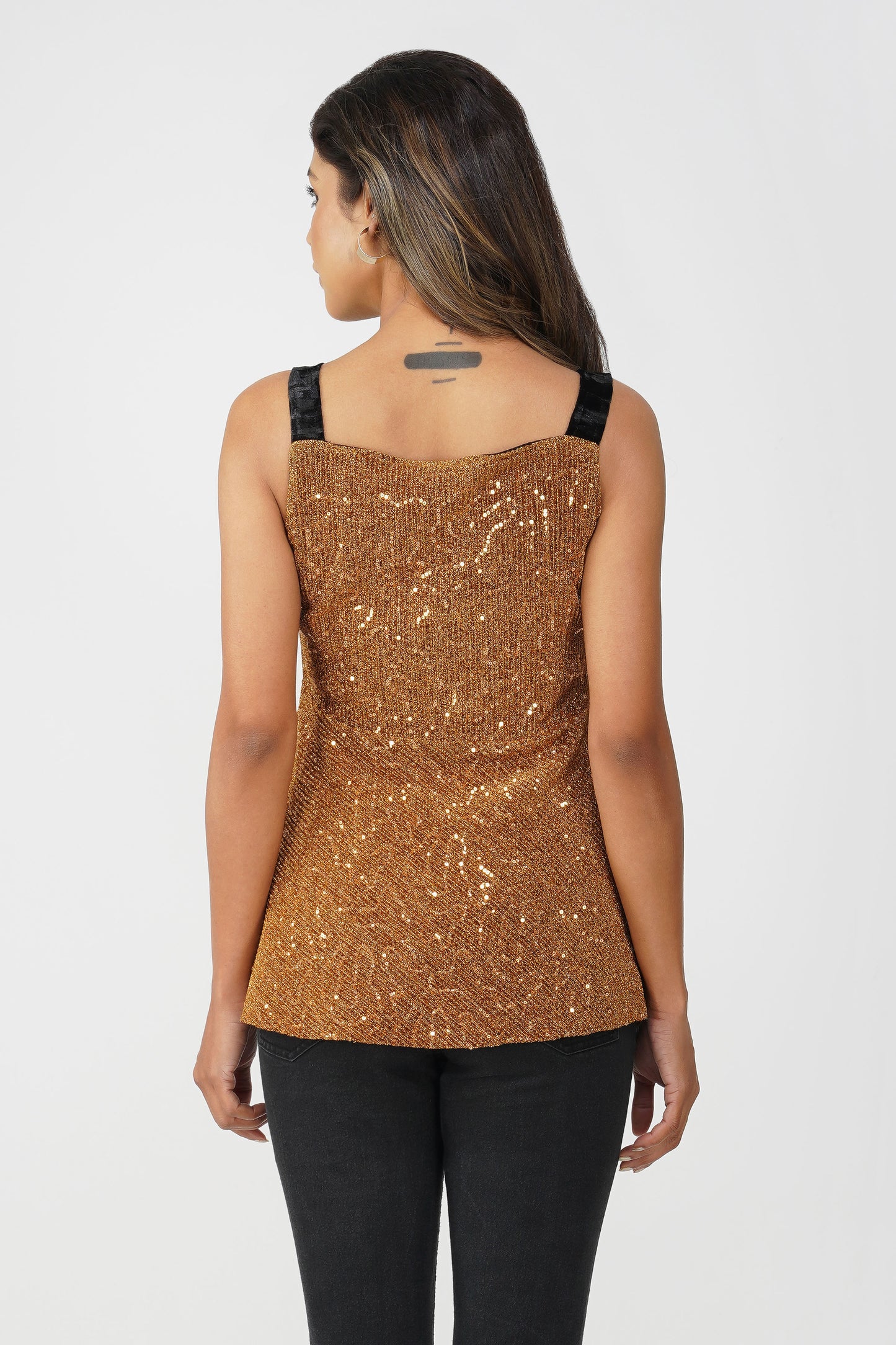 Golden Hour Sequin Pleated Peplum Top – Gold with Black Velvet Straps