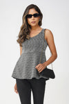 Midnight Glimmer Peplum Top – Black & Silver Metallic Lines
