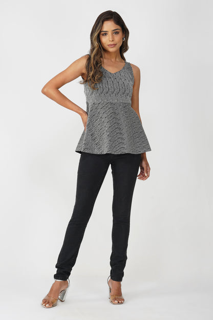 Midnight Glimmer Peplum Top – Black & Silver Metallic Lines