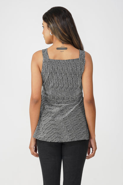 Midnight Glimmer Peplum Top – Black & Silver Metallic Lines