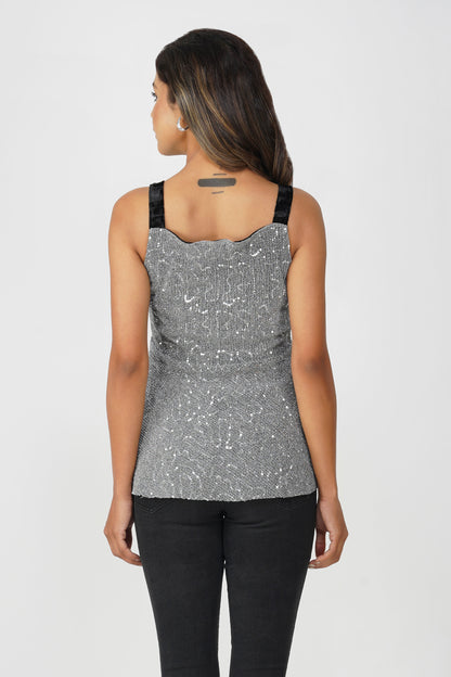 Moonlit Mirage Sequinned Metallic Peplum Top – Silver with Black Velvet Straps