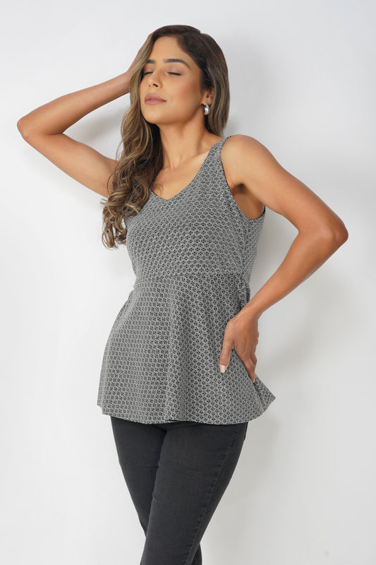 Midnight Orbit Peplum Top – Black Silver Circle Jacquard Party Blouse