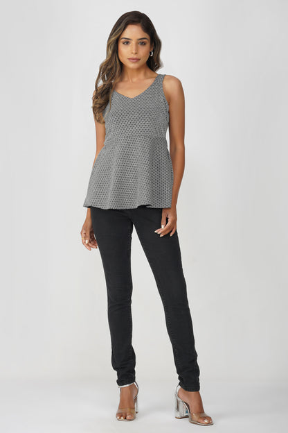 Midnight Orbit Peplum Top – Black Silver Circle Jacquard Party Blouse