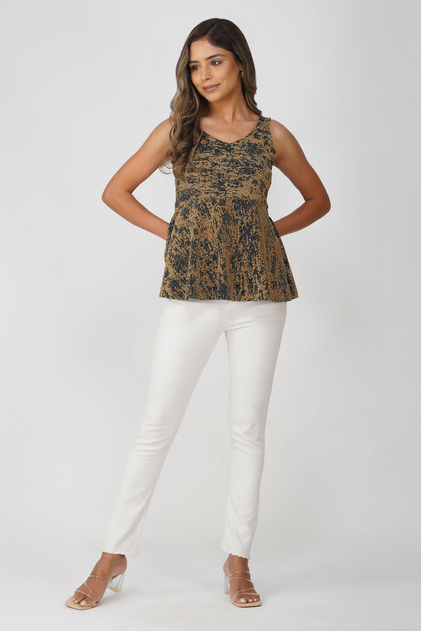 Fiesta Glow Peplum Top – Peacock Green Gold Textured Sleeveless Blouse
