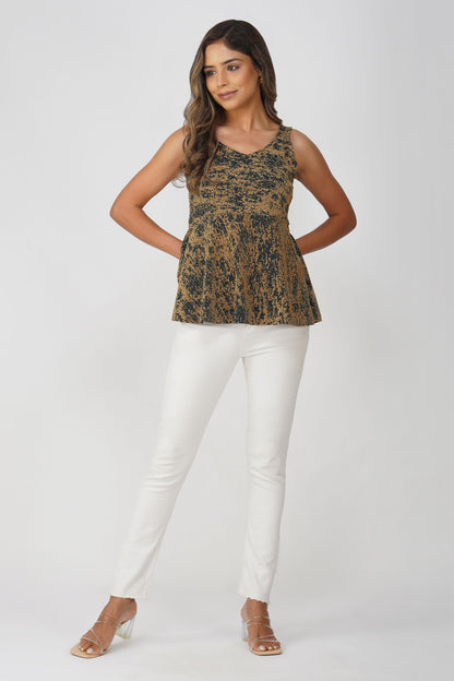 Fiesta Glow Peplum Top – Peacock Green Gold Textured Sleeveless Blouse