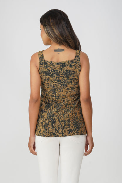 Fiesta Glow Peplum Top – Peacock Green Gold Textured Sleeveless Blouse