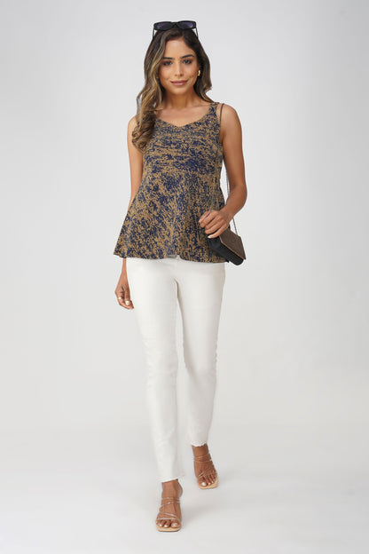 Fiesta Glow Peplum Top – Navy Gold Lurex Sleeveless Partywear