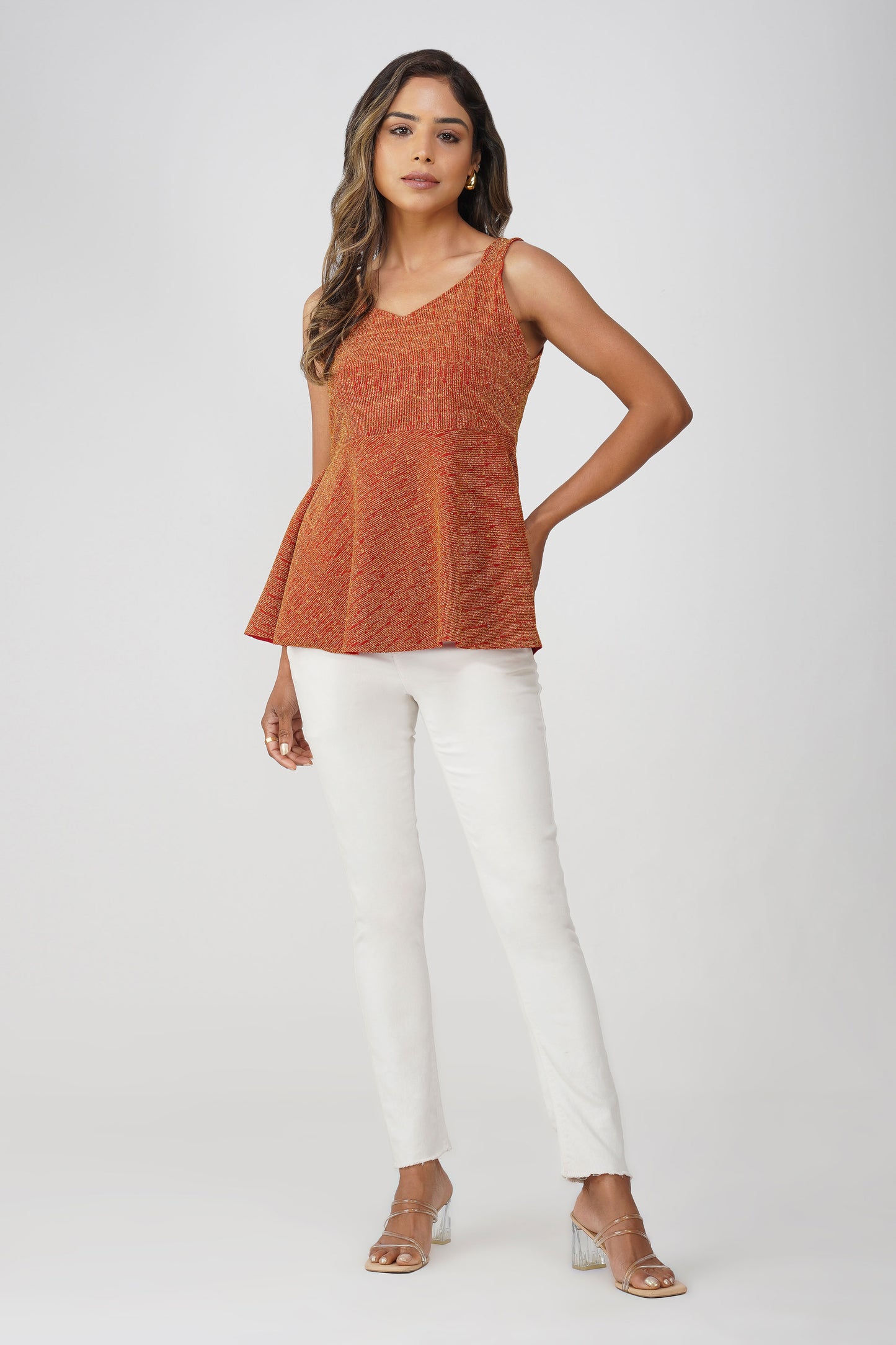 Fiesta Gold Shimmer Peplum Top – Red Lurex Sleeveless