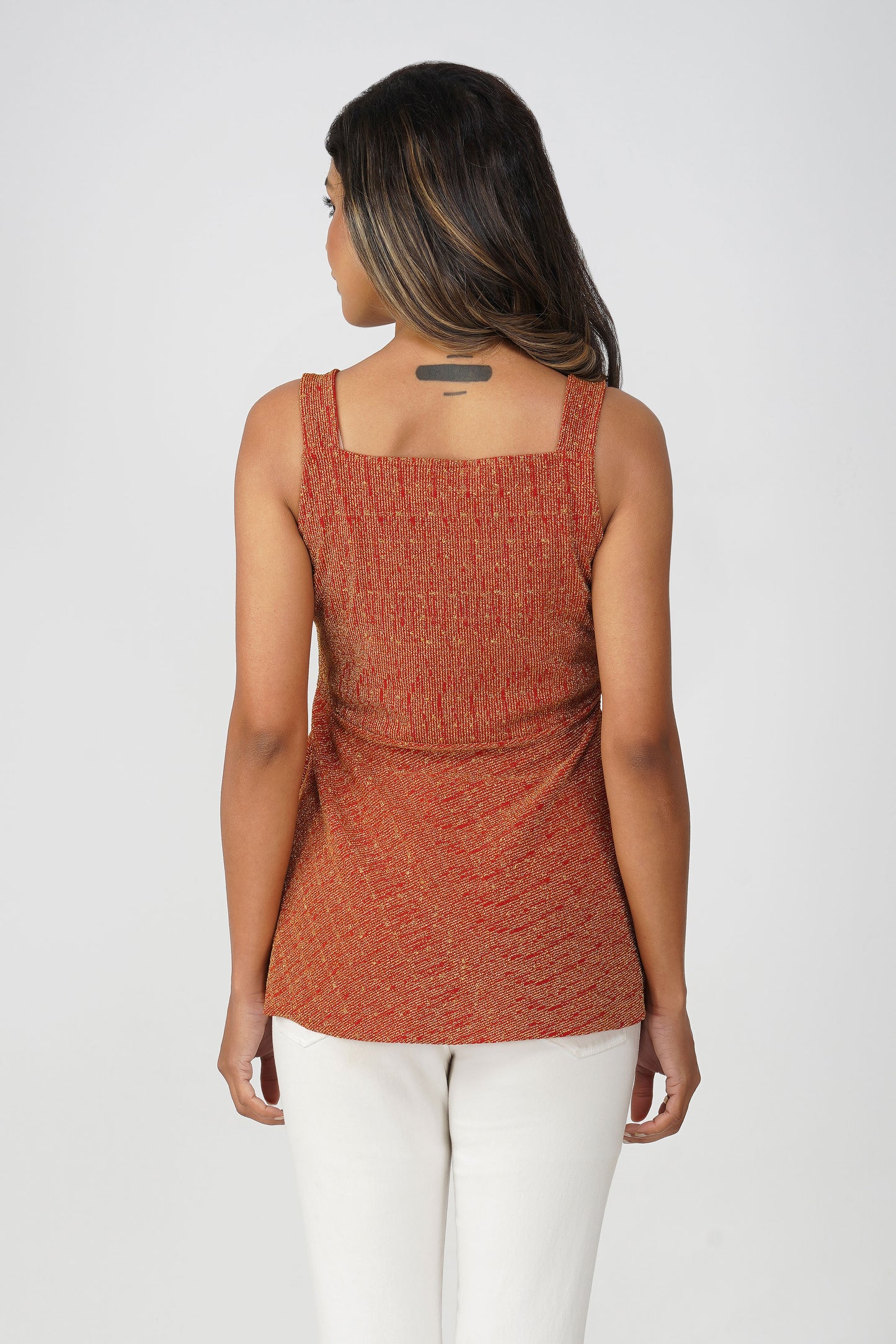 Fiesta Gold Shimmer Peplum Top – Red Lurex Sleeveless