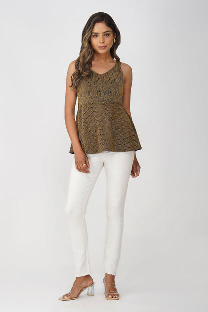 Fiesta Gold Shimmer Peplum Top – Black Gold Stripe Jacquard Sleeveless
