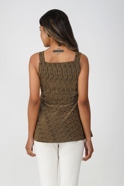 Fiesta Gold Shimmer Peplum Top – Black Gold Stripe Jacquard Sleeveless