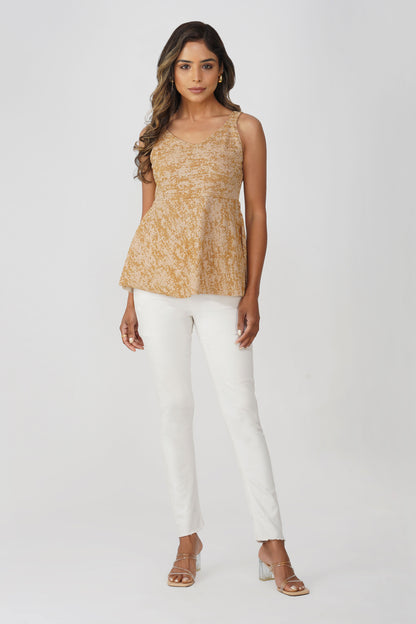 Champagne Glow Peplum Top – Cream & Gold Metallic Partywear