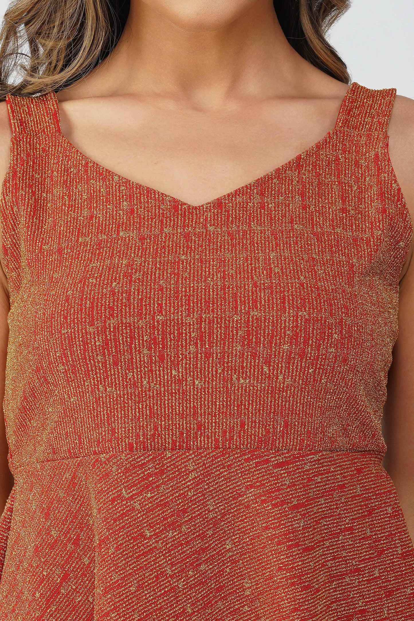 Fiesta Gold Shimmer Peplum Top – Red Lurex Sleeveless