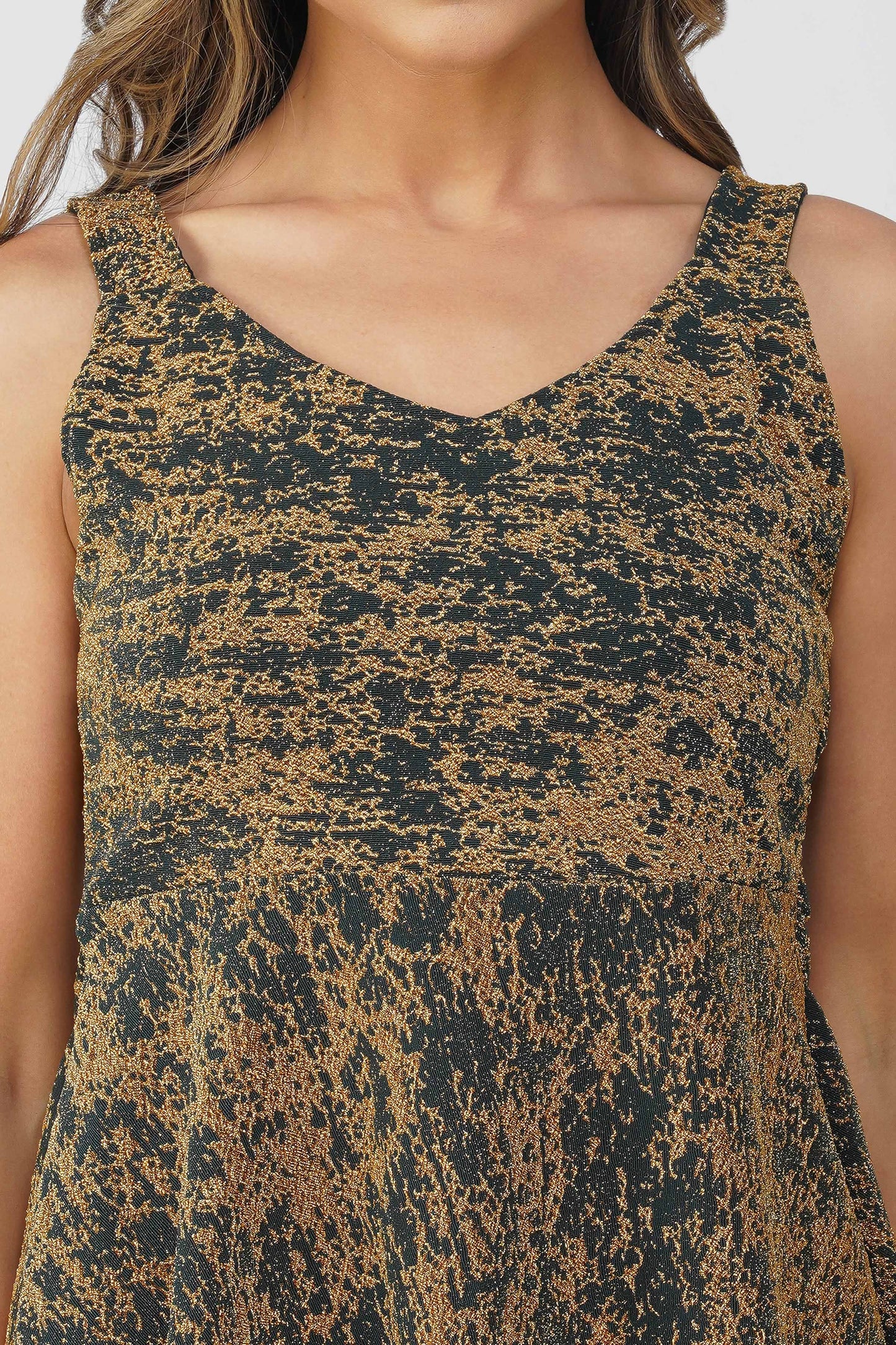Fiesta Glow Peplum Top – Peacock Green Gold Textured Sleeveless Blouse